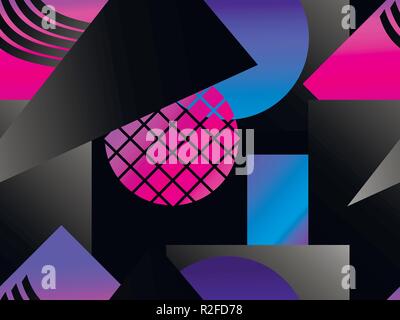 Memphis seamless pattern. Asymmetrical geometric objects gradient in the style 1980s. Vector illustration Stock Vector