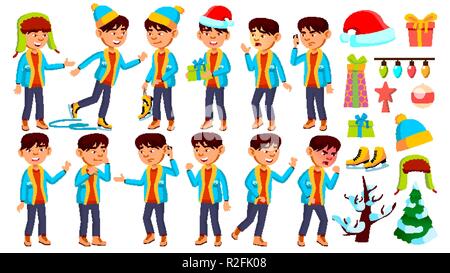 Asian Boy Schoolboy Kid Poses Set Vector. Primary School Child. Funny ...