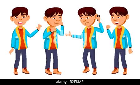 Asian Boy Schoolboy Kid Poses Set Vector. Primary School Child ...
