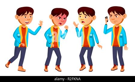 Asian Boy Schoolboy Kid Poses Set Vector. Primary School Child. Funny ...