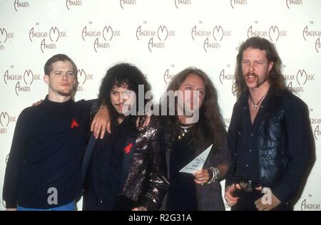 LOS ANGELES, CA - JANUARY 25: (L-R) Singers/musicians Jason Newstead, Kirk Hammet, Lars Ulrich and James Hetfield of Metallica attend the 20th Annual American Music Awards on January 25, 1993 at the Shrine Auditorium in Los Angeles, California. Photo by Barry King/Alamy Stock Photo Stock Photo