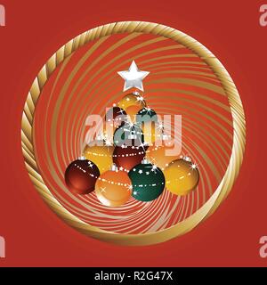 Festive Red Background with Christmas Tree Made of Baubles with Stars Over Golden Circular Twisted Border Stock Vector