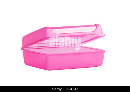 Insulated lunch box. An open, plastic, pink lunch box. Stock Photo