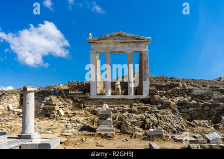 The ancient monuments and ruins on the sacred island of Delos, Greece. The birth place of god Apollo. Stock Photo