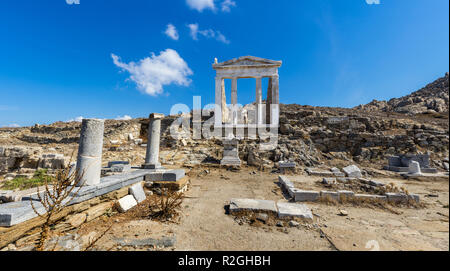 The ancient monuments and ruins on the sacred island of Delos, Greece. The birth place of god Apollo. Stock Photo