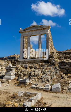 The ancient monuments and ruins on the sacred island of Delos, Greece. The birth place of god Apollo. Stock Photo