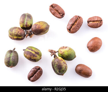 Green coffee beans and roasted coffee beans on white background. Macro. Stock Photo