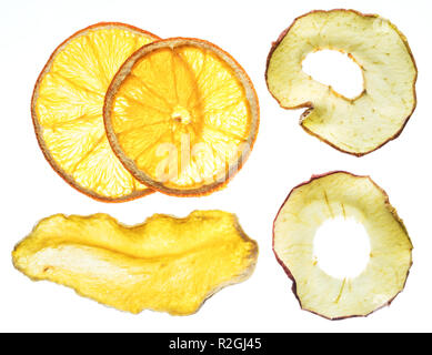 Dried orange and apple slices isolated on white background. Organic food. Stock Photo