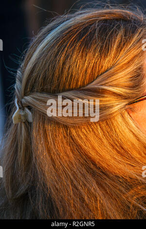 Braided blond hair on a young woman as seen from the back of her head close up Stock Photo