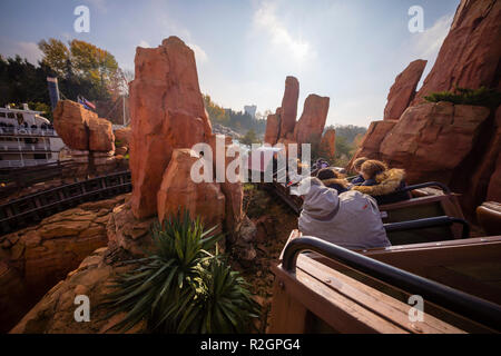 Disney Land Paris, France, November 2018: Inside of the Big Thunder Moutain Railroad. A roller coaster inside Frontierland at Disney Land Paris. Stock Photo