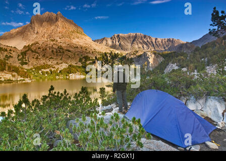 Two Eagle Peak, seen from secluded campsite at Fifth Lake, Big Pine Lakes, The Palisades, John Muir Wilderness, Eastern Sierra Nevada, California, USA Stock Photo