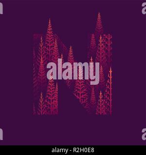 Vector N letter with pine tree forest illustration for Happy New Year. Abstract vector pattern. Stock Vector