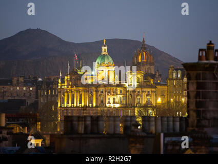 View of the Edinburgh city centre roof tops and the Bank of Scotland headquarters on the Mound, Edinburgh, Scotland. Stock Photo