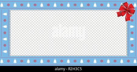 Cute Christmas or new year border with xmas bells, snowflakes pattern and red bow on transparent background. Vector rectangle template, frame, scrapbo Stock Vector