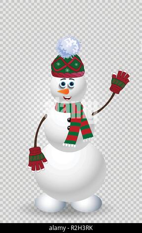 Cute cartoon snowman character in green knit hat, scarf and mittens with hand up isolated on transparent background. Vector illustration, icon, clip a Stock Vector