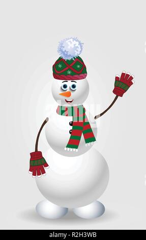 Cute cartoon snowman character in green knitting hat, scarf and mittens with hand up isolated on white background. Vector illustration, icon, clip art Stock Vector