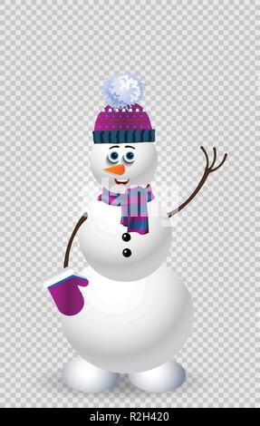 Cute cartoon snowman character in purple knitted hat, scarf, mittens with hand up isolated on transparent background. Vector illustration, icon, clip  Stock Vector