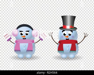 Cute cartoon set of snowgirl in pink ear muffs, scarf, mittens and snowman in top hat with hands up isolated. Vector illustration, icons, clip art for Stock Vector