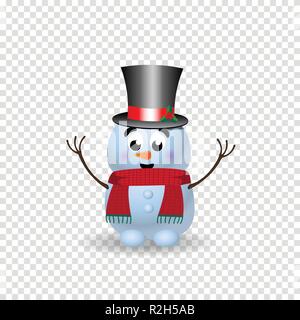 Cute cartoon character of snowman in top hat and red knitted scarf with hands up isolated. Vector illustration, icon, sign, symbol, template, clip art Stock Vector