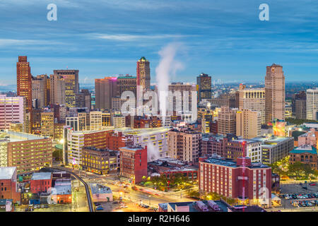 Detroit, Michigan, USA downtown skyline from above at dusk. Stock Photo