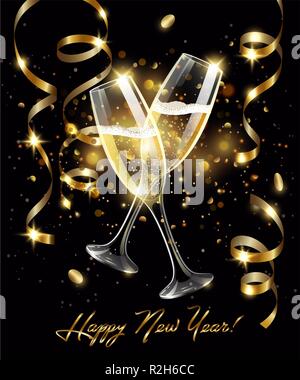 Sparkling glasses of champagne with Gold serpentine on black background, bokeh effect with sign Happy New Year Stock Vector