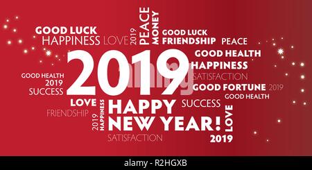 2019 happy new year greeting card on red background - best wishes word cloud and fireworks