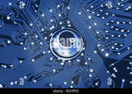 The code lock on the printed circuit board is toned in blue. The concept of data protection, cryptography. Stock Photo