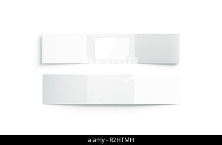 Blank white plastic card mockup inside opened paper booklet holder, front and back side, 3d rendering. Empty certificate in leaflet mock up, isolated. Disclosed packaging for namecard, top view. Stock Photo