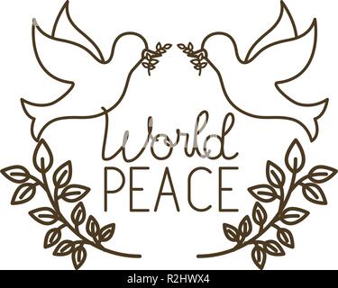 pigeons with hearts and world peace isolated icon Stock Vector