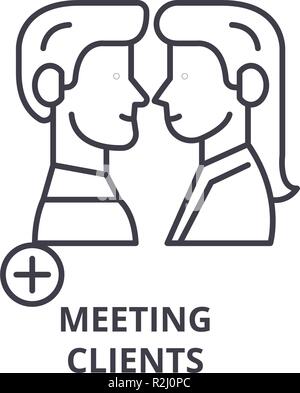 Meeting clients line icon concept. Meeting clients vector linear illustration, symbol, sign Stock Vector