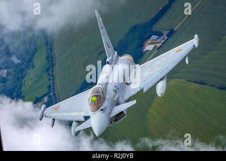 Spanish Air force Eurofighter Typhoon in flight. A twin-engine, canard-delta wing, multirole fighter. Photographed at Royal International Air Tattoo ( Stock Photo