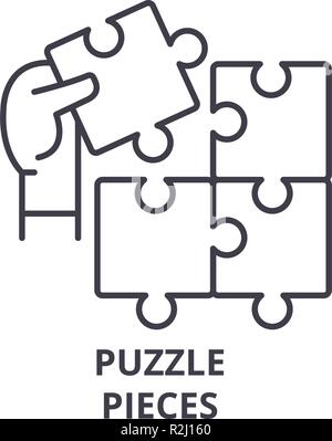 Puzzle pieces line icon concept. Puzzle pieces vector linear illustration, symbol, sign Stock Vector