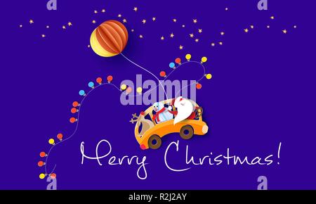 Merry Christmas design card with Santa Claus flying with big snowflakes on purple background . Vector paper art illustration. Paper cut and craft style. Stock Vector