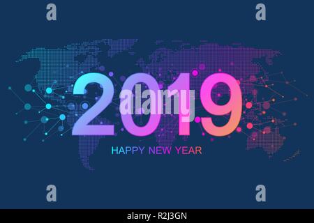 Merry Christmas and Happy New Year 2019 greeting card. Modern futuristic template for 2019. Digital data visualization. Business technology concept. Vector illustration Stock Vector