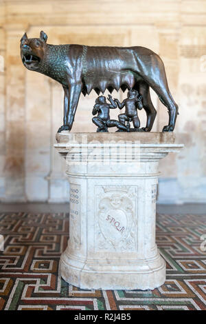 The Capitoline Wolf, a 11th to12th century bronze sculpture depicting a she-wolf suckling the mythical twin founders of Rome, Romulus and Remus. In th Stock Photo