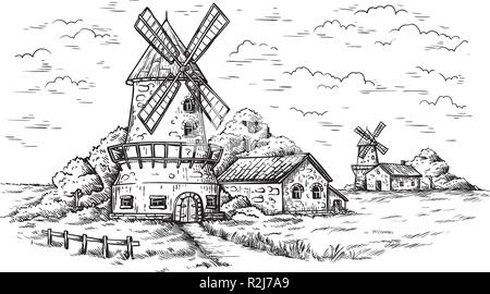 village near a wheat field and a windmill drawn by hand vector illustration Stock Vector