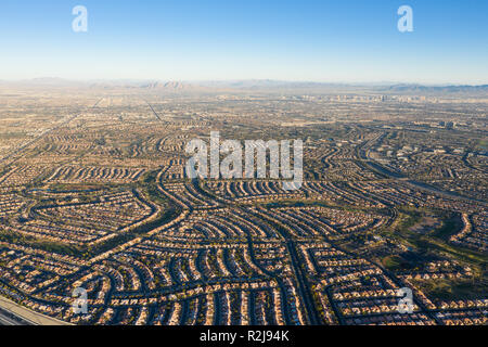 An aerial view shows dense housing developments in Summerlin, just outside the city of Las Vegas, Nevada. This area is quickly being developed.