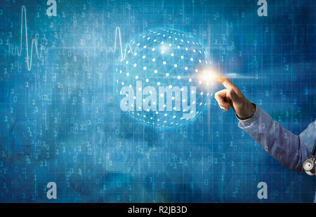 modern medical with global connection and communication concept, women doctor holding hand and touching on digital screen or hologram digital medical  Stock Photo