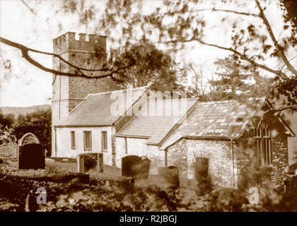 Sepia toned photograph taken on paper negative in a 7 x 5 inch plate camera in October 2018 of  the church of St Mary at Oare (famous in Lorna Doone). Stock Photo