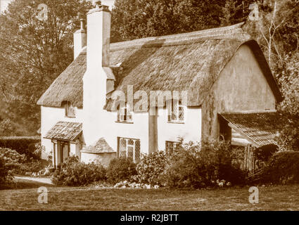 A sepia toned photograph taken on a paper negative in a 7 x 5 inch plate camera in October 2018 of a thatched cottage on Selworthy Green on Exmoor Stock Photo