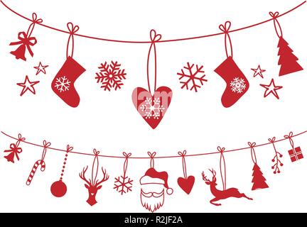 Christmas stocking, clothesline with Santa Claus, socks, tree, reindeer, snowflakes, vector design elements for Christmas card, decoration Stock Vector