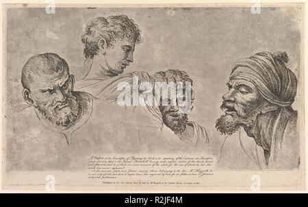 Four Heads From the Raphael Cartoons at Hampton Court. Artist: After Raphael (Raffaello Sanzio or Santi) (Italian, Urbino 1483-1520 Rome); Possibly by William Hogarth (British, London 1697-1764 London). Dimensions: plate: 8 1/2 x 14 in. (21.6 x 35.6 cm)  sheet: 8 7/8 x 14 3/8 in. (22.5 x 36.5 cm). Publisher: Jane Hogarth (British, 1709-1789). Date: May 14, 1781. Museum: Metropolitan Museum of Art, New York, USA. Stock Photo