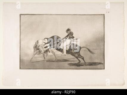 Plate 24 of the 'Tauromaquia': The same Ceballos mounted on another bull breaks short spears in the ring at Madrid. Artist: Goya (Francisco de Goya y Lucientes) (Spanish, Fuendetodos 1746-1828 Bordeaux). Dimensions: Plate: 9 1/2 x 14 in. (24.2 x 35.5 cm)  Sheet: 12 x 17 5/16 in. (30.5 x 44 cm). Date: 1816. Museum: Metropolitan Museum of Art, New York, USA. Stock Photo