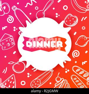 Colorful gradient flyer for cafe on glossy background with dinner quote. Linear doodle illustration of food. White sticker on multi-colored gradient. Stock Vector