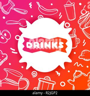 Colorful gradient flyer for cafe on glossy background with drinks quote. Linear doodle illustration of food. White sticker on multi-colored gradient. Stock Vector