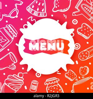 Colorful gradient flyer for cafe on glossy background with menu quote. Linear doodle illustration of food. White sticker on multi-colored gradient. Stock Vector