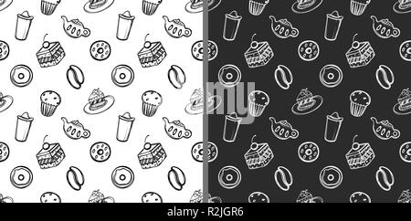 Set of cute dessert stuff in doodle style. Goodies on white and black background. Cartoon seamless patterns. Linear sketch style illustration. For zentangle book. Stock Vector