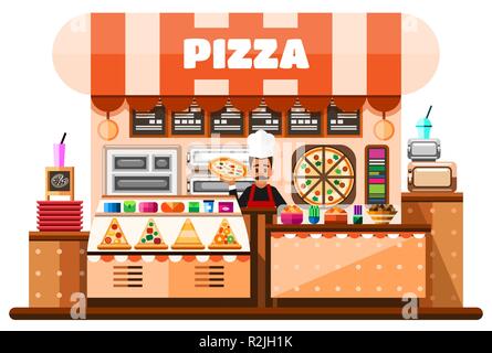 Pizza house interior with italian pizzaiolo holding hot pizza and standing behind of desks counter with pizza making equipment, menu and goodies. Flat Illustration Stock Vector