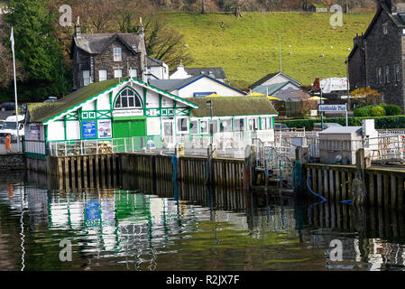 The Colourful Pier Building and Landing Stages at Waterhead Ambleside on Lake Windermere Lake District Cumbria England United Kingdom in Autumn Tints Stock Photo