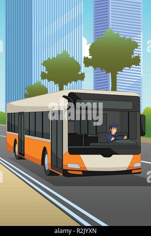 A vector illustration of Bus Driver Driving a Bus Stock Vector